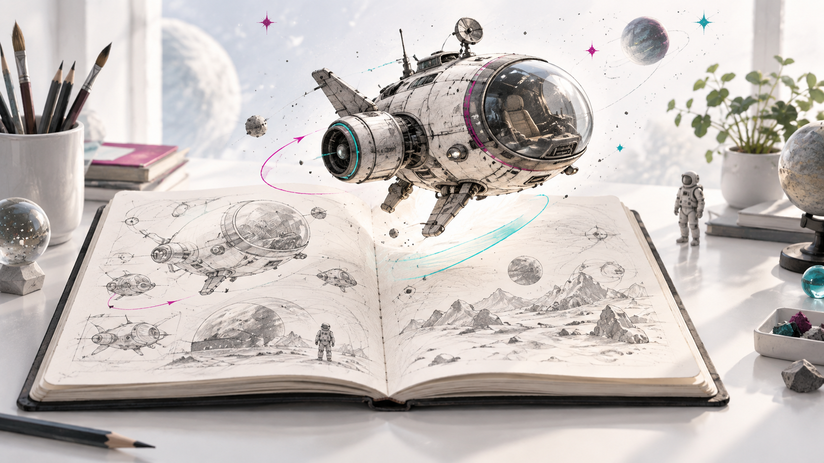 Ein erfundenes Raumschiff schwebt über einem aufgeschlagenen Skizzenbuch.